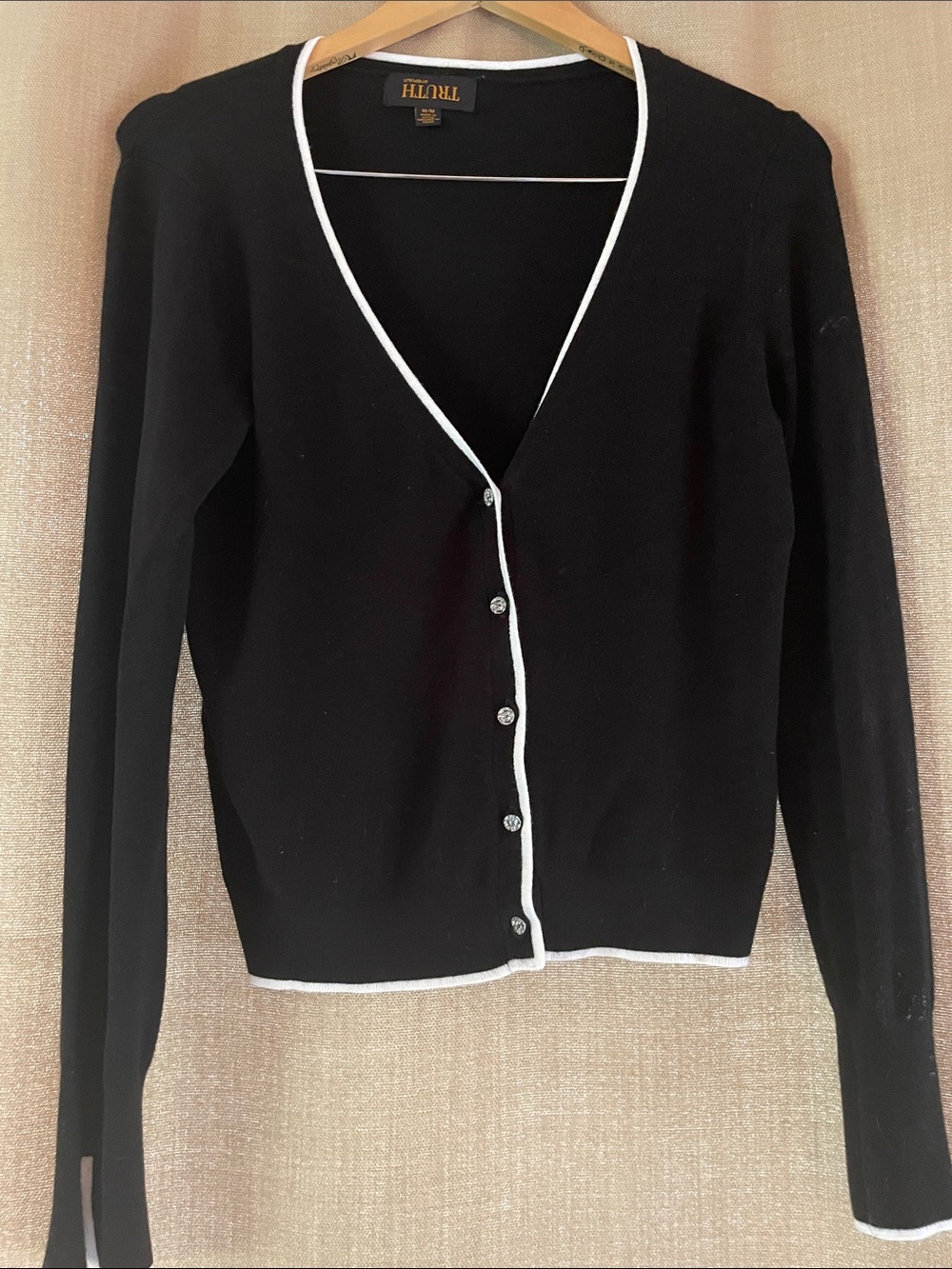 TRUTH Black Cardigan with White Piping Trim